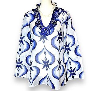 Andrea Behar for Boston Proper Crochet-trim Summer Top Cotton Silk Tunic Size 10